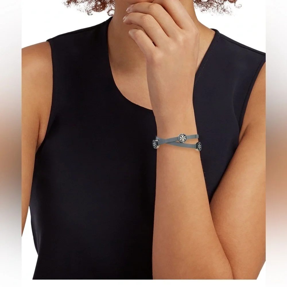 🆕Tory Burch Authentic Miller Silver & Leather Blue Enamel Double Wrap Bracelet